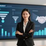 A woman in a black suit stands confidently with arms crossed in front of a large screen displaying graphs and a handshake graphic.