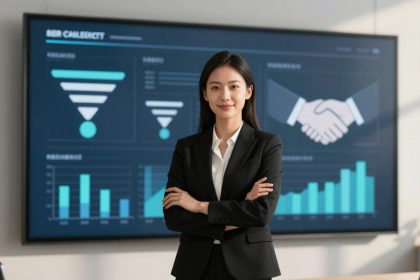 A woman in a black suit stands confidently with arms crossed in front of a large screen displaying graphs and a handshake graphic.