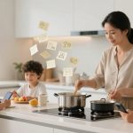 A woman in a beige blouse stirs a pot on a stove in a modern kitchen. Two children with smartphones sit at the counter, and another child eats fruit. Sticky notes with drawings and text float in the air above them.