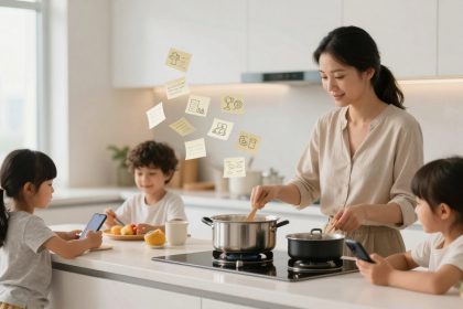 A woman in a beige blouse stirs a pot on a stove in a modern kitchen. Two children with smartphones sit at the counter, and another child eats fruit. Sticky notes with drawings and text float in the air above them.