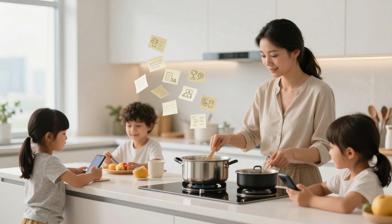 A woman in a beige blouse stirs a pot on a stove in a modern kitchen. Two children with smartphones sit at the counter, and another child eats fruit. Sticky notes with drawings and text float in the air above them.