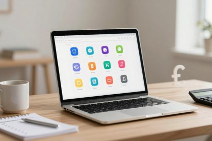 A laptop with colorful app icons on the screen is on a wooden desk. Nearby are a white mug, a notepad with a pen, a calculator, and a small pound sign. A blurred background shows a potted plant by a window.