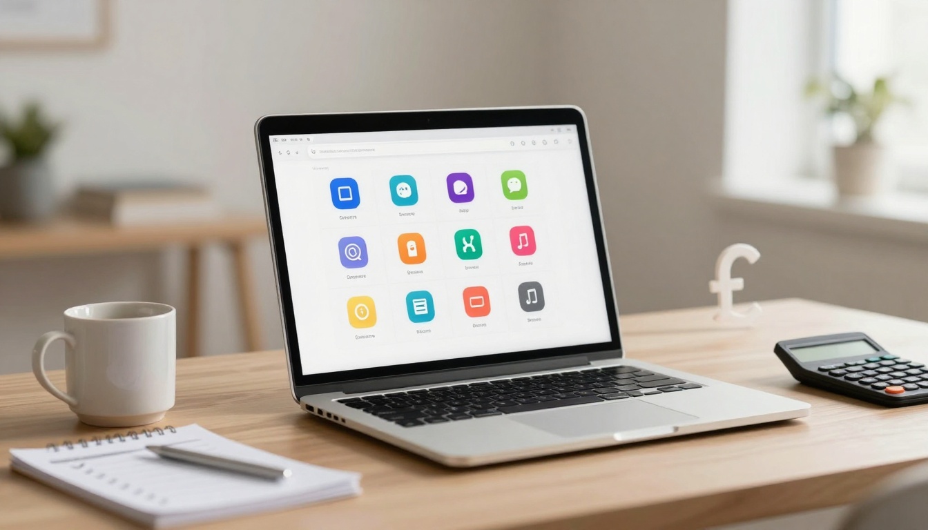 A laptop with colorful app icons on the screen is on a wooden desk. Nearby are a white mug, a notepad with a pen, a calculator, and a small pound sign. A blurred background shows a potted plant by a window.