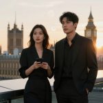 A woman and a man in black outfits stand on a rooftop at sunset with Big Ben and the London Eye in the background. The woman holds a smartphone.