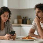 A woman and a man sit at a kitchen table. The woman is looking at her phone, while the man rests his chin on his hand, looking thoughtful. A plate of spaghetti is in front of the man. The kitchen background is blurred.