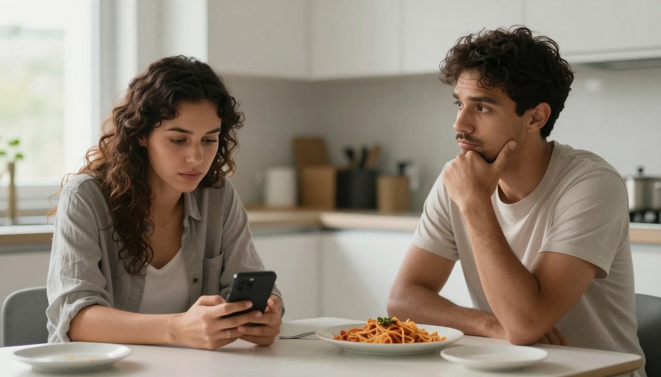 A woman and a man sit at a kitchen table. The woman is looking at her phone, while the man rests his chin on his hand, looking thoughtful. A plate of spaghetti is in front of the man. The kitchen background is blurred.