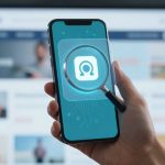 A hand holding a smartphone with a magnifying glass icon on the screen. The background shows a blurred website on a computer monitor.