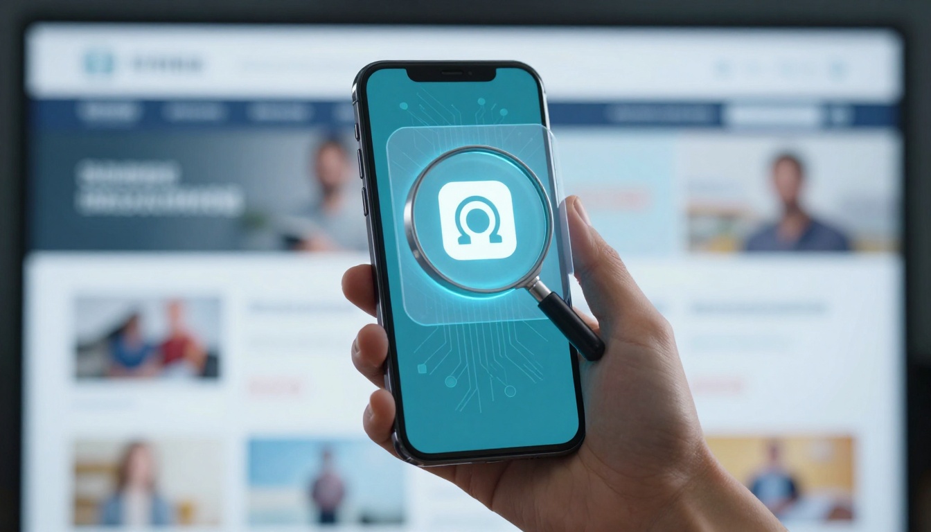 A hand holding a smartphone with a magnifying glass icon on the screen. The background shows a blurred website on a computer monitor.