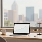 A modern office desk with a laptop displaying a line graph, a white coffee mug, a small potted plant, and a decorative balance scale with coins and a figure on each side. A large window offers a blurred cityscape view.