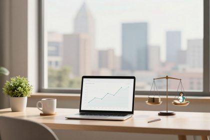 A modern office desk with a laptop displaying a line graph, a white coffee mug, a small potted plant, and a decorative balance scale with coins and a figure on each side. A large window offers a blurred cityscape view.