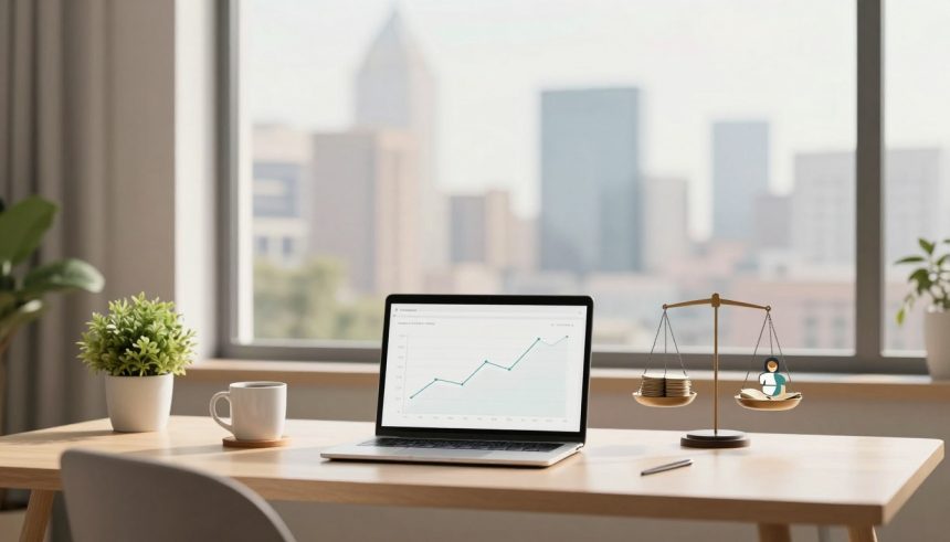 A modern office desk with a laptop displaying a line graph, a white coffee mug, a small potted plant, and a decorative balance scale with coins and a figure on each side. A large window offers a blurred cityscape view.