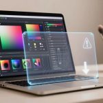 A laptop displaying a color editing software interface with various color palettes and adjustment tools. A holographic warning icon with an exclamation mark and arrow hovers above the keyboard. A holder with makeup brushes is visible in the background on a light-colored desk.