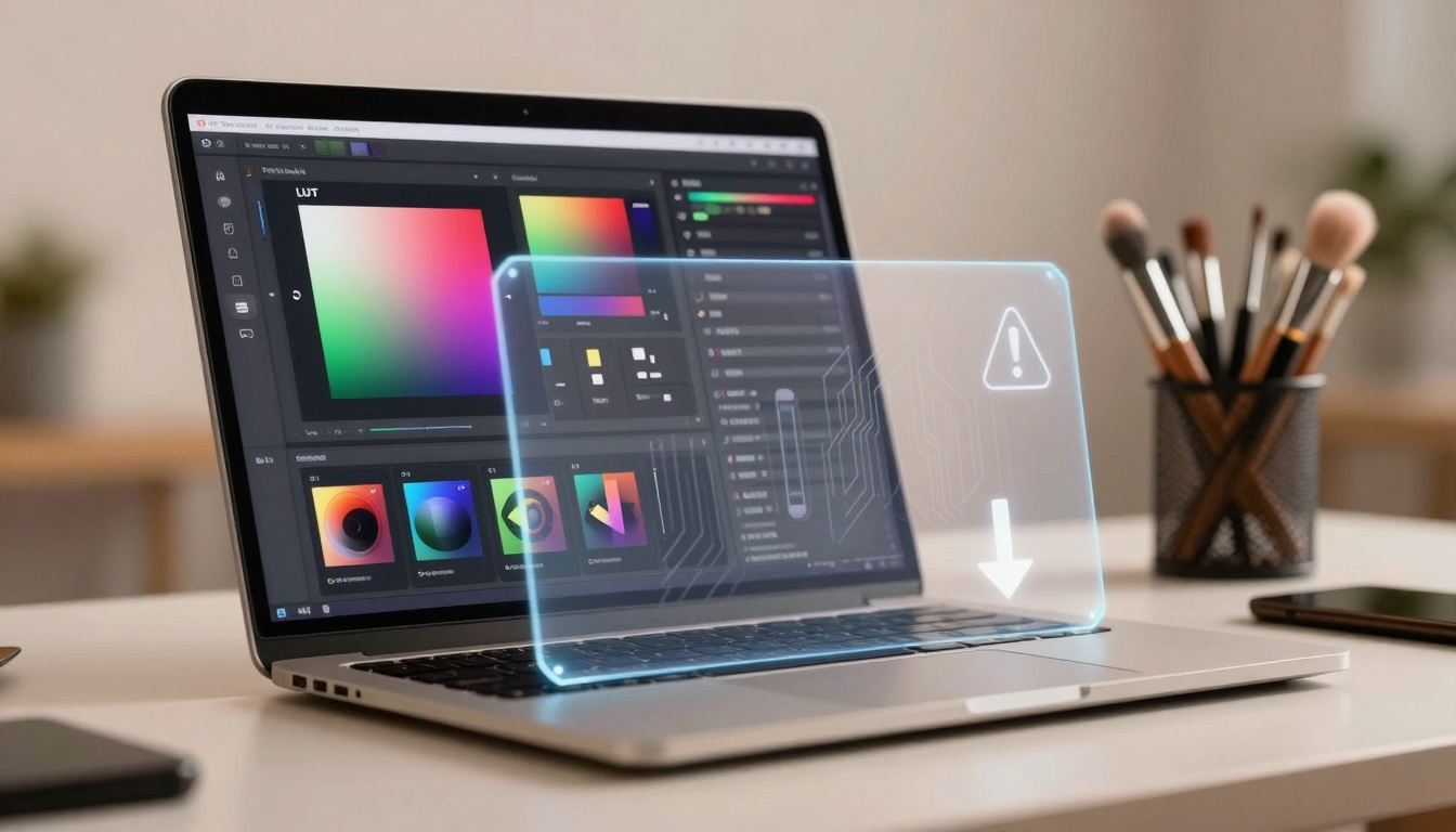 A laptop displaying a color editing software interface with various color palettes and adjustment tools. A holographic warning icon with an exclamation mark and arrow hovers above the keyboard. A holder with makeup brushes is visible in the background on a light-colored desk.
