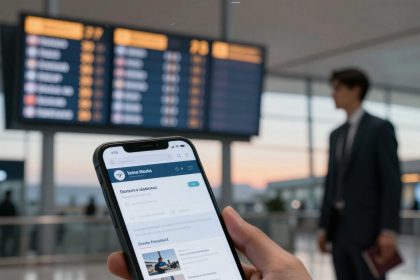 A hand holding a smartphone displaying a website in an airport terminal. A blurry departure board and a person in a suit holding a passport are in the background.