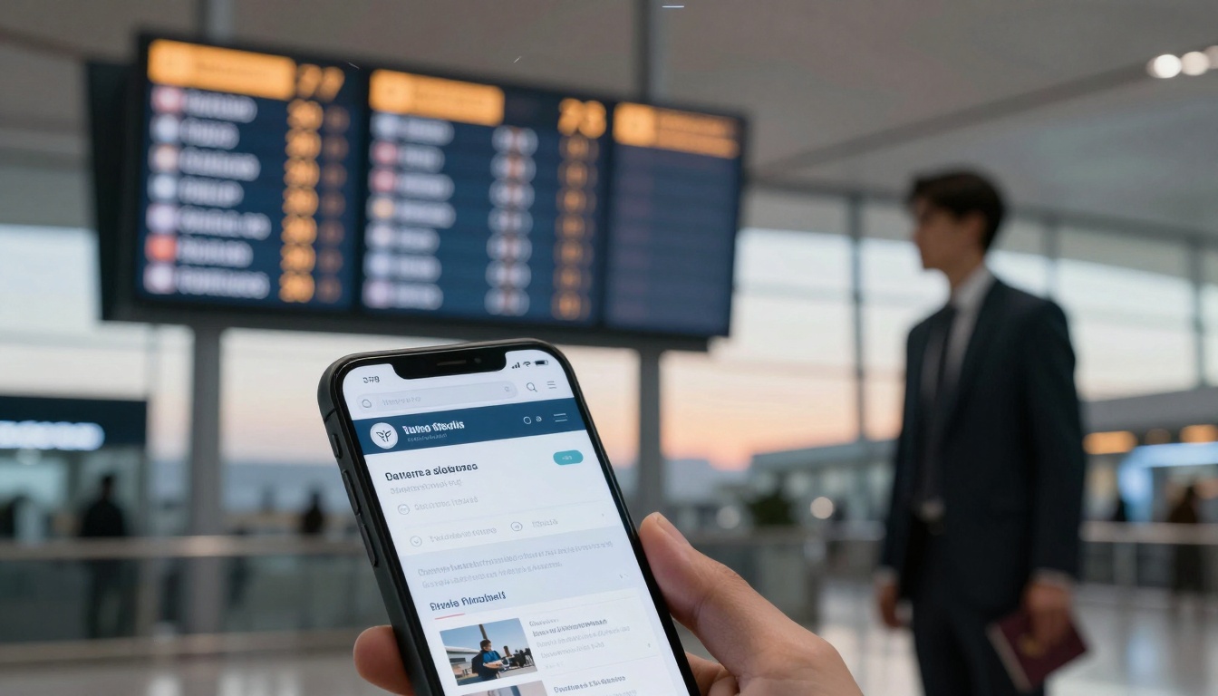 A hand holding a smartphone displaying a website in an airport terminal. A blurry departure board and a person in a suit holding a passport are in the background.