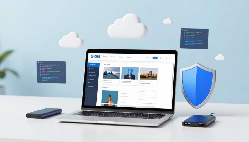 A laptop displaying a website with a sidebar and image thumbnails is on a white desk. Hovering around are floating clouds, a blue shield icon, and code snippets. Two external hard drives are placed on the desk. The background is light blue.