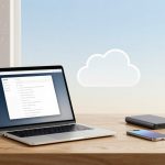 A laptop displaying a file browser screen sits on a wooden desk. Next to it are a smartphone, a portable hard drive, and a USB drive. A cloud icon is visible in the background, suggesting cloud storage.