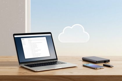 A laptop displaying a file browser screen sits on a wooden desk. Next to it are a smartphone, a portable hard drive, and a USB drive. A cloud icon is visible in the background, suggesting cloud storage.