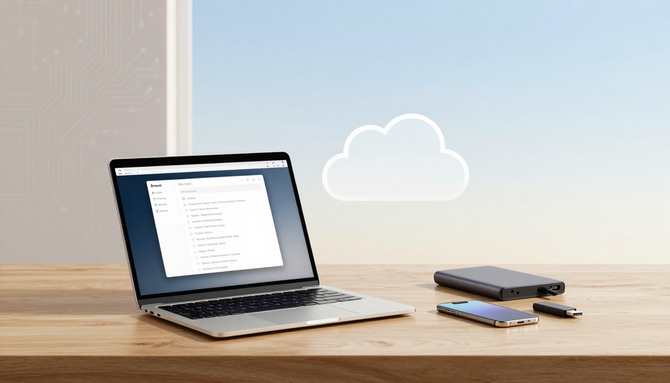 A laptop displaying a file browser screen sits on a wooden desk. Next to it are a smartphone, a portable hard drive, and a USB drive. A cloud icon is visible in the background, suggesting cloud storage.
