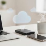 A laptop, external hard drive, and smartphone sit on a white desk. A steaming mug is nearby, with cloud icons above, suggesting cloud computing.