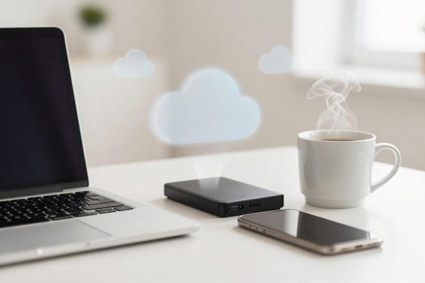 A laptop, external hard drive, and smartphone sit on a white desk. A steaming mug is nearby, with cloud icons above, suggesting cloud computing.