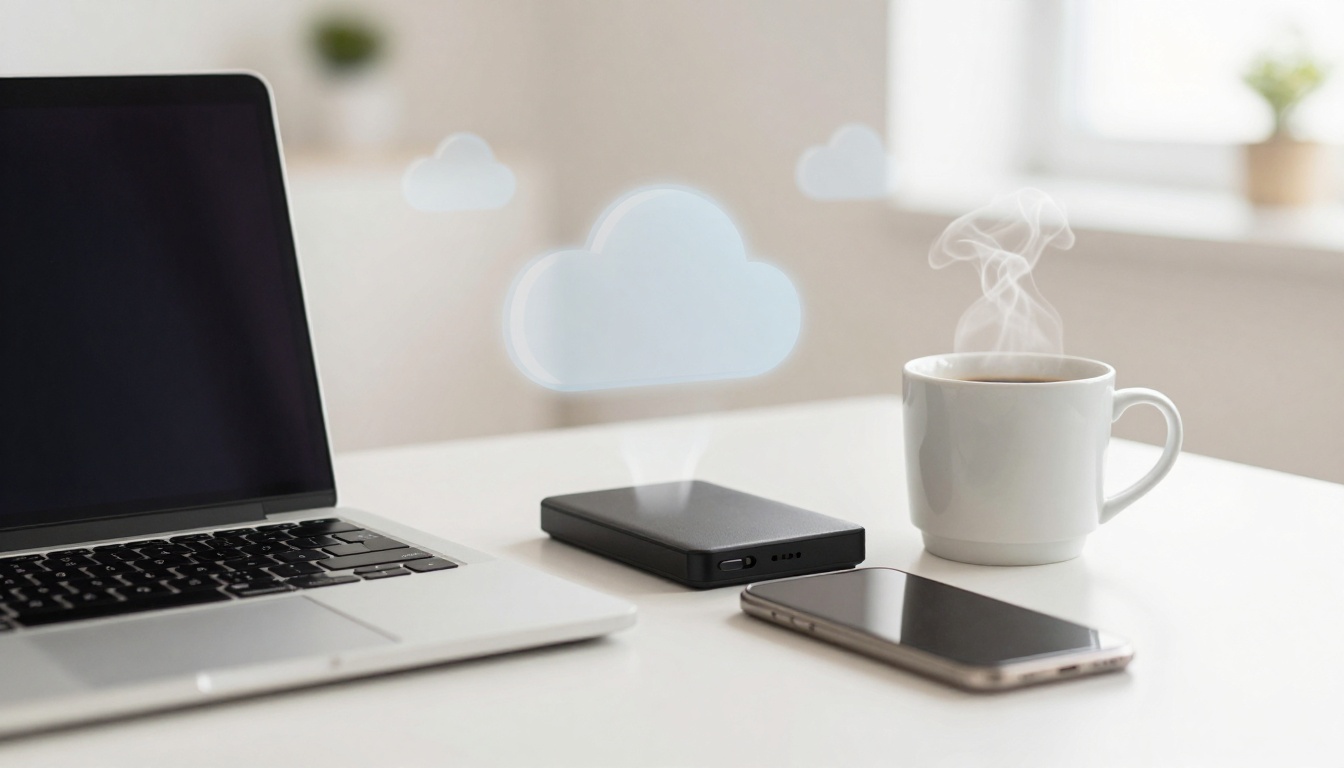 A laptop, external hard drive, and smartphone sit on a white desk. A steaming mug is nearby, with cloud icons above, suggesting cloud computing.