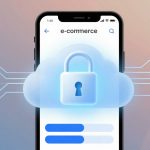 Smartphone displaying "e-commerce" with a cloud and padlock symbol, representing security. Circuit lines extend from the phone on a gradient background.
