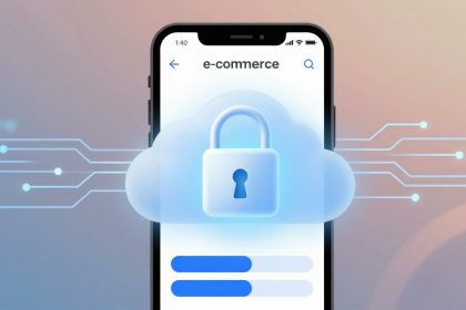 Smartphone displaying "e-commerce" with a cloud and padlock symbol, representing security. Circuit lines extend from the phone on a gradient background.