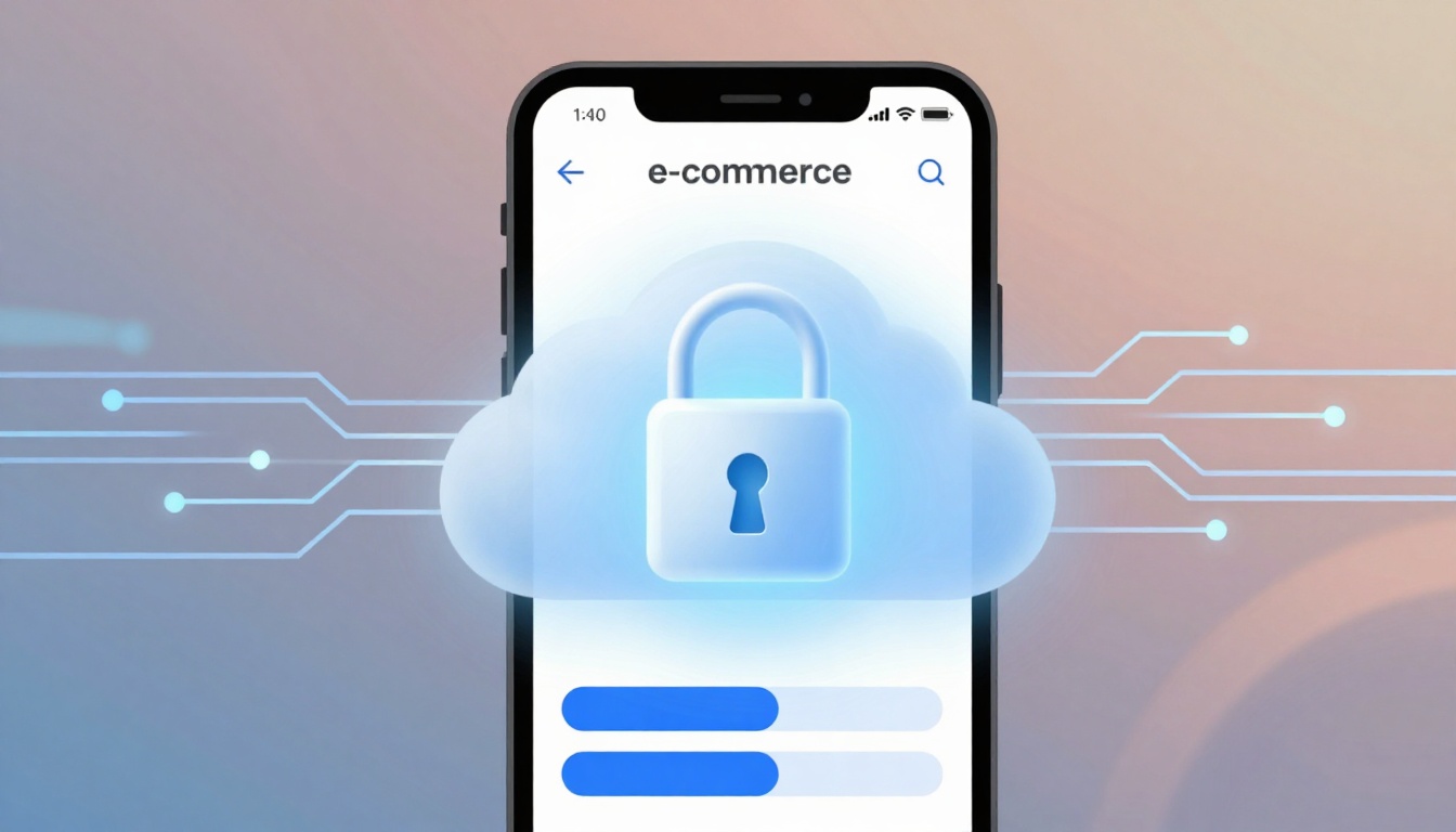 Smartphone displaying "e-commerce" with a cloud and padlock symbol, representing security. Circuit lines extend from the phone on a gradient background.