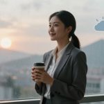 A woman in a gray suit holds a coffee cup, standing by a window with raindrops. A sunset and mountains are visible outside. A cloud icon is on the glass.