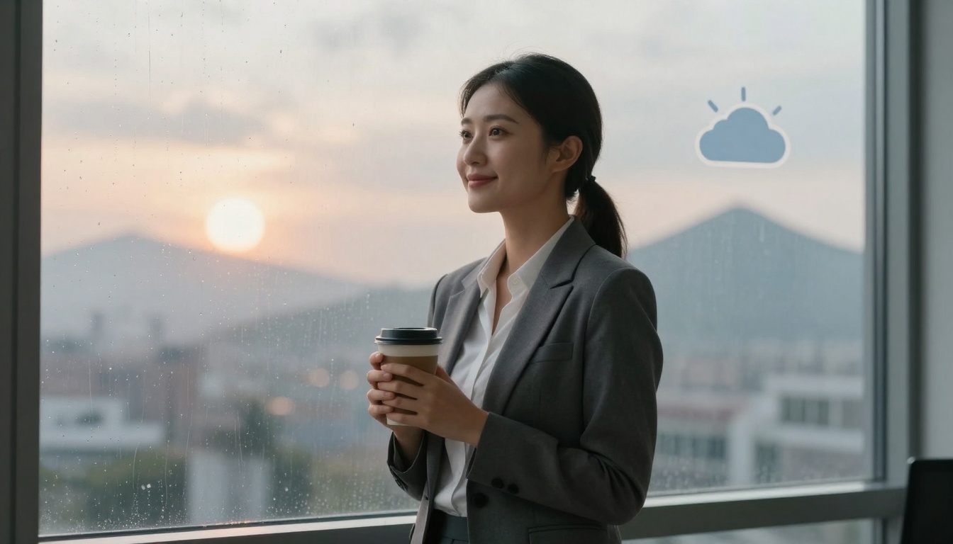 A woman in a gray suit holds a coffee cup, standing by a window with raindrops. A sunset and mountains are visible outside. A cloud icon is on the glass.