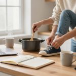 A person wearing a cream sweater and jeans ties their shoe on a kitchen counter. Nearby are a laptop, a steaming mug, an open notebook, and a cooking pot. A pink and blue backpack is on the right.