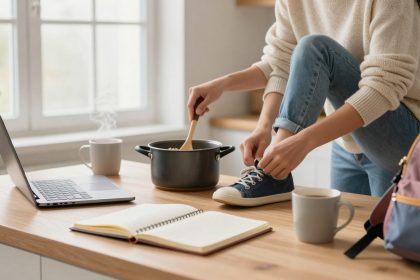 A person wearing a cream sweater and jeans ties their shoe on a kitchen counter. Nearby are a laptop, a steaming mug, an open notebook, and a cooking pot. A pink and blue backpack is on the right.