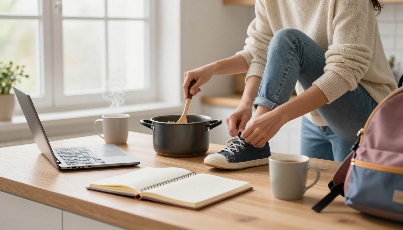 A person wearing a cream sweater and jeans ties their shoe on a kitchen counter. Nearby are a laptop, a steaming mug, an open notebook, and a cooking pot. A pink and blue backpack is on the right.