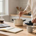 A person stirs a steaming pot on a kitchen counter while holding a child's shoe. Nearby are a laptop, a cup of coffee, a notebook, and a backpack.