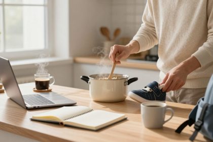 A person stirs a steaming pot on a kitchen counter while holding a child's shoe. Nearby are a laptop, a cup of coffee, a notebook, and a backpack.