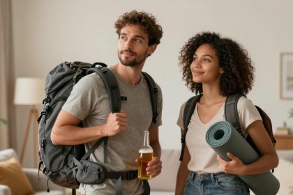 A man and a woman stand indoors, both wearing gray t-shirts and backpacks. The man holds a beer bottle, while the woman carries a rolled yoga mat. The room has neutral tones with a plant and framed picture in the background.