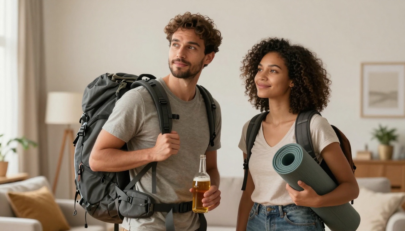 A man and a woman stand indoors, both wearing gray t-shirts and backpacks. The man holds a beer bottle, while the woman carries a rolled yoga mat. The room has neutral tones with a plant and framed picture in the background.
