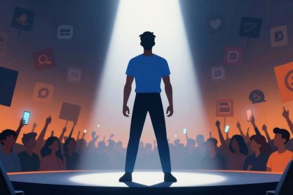 Silhouette of a person in blue shirt standing on stage under spotlight. Crowd with raised hands and signs in background, orange and blue tones.