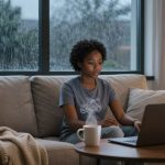 A woman sits on a beige sofa using a laptop, with a steaming mug beside her on a wooden table. It's raining outside the large window behind her.