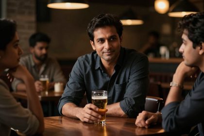 Three people sit at a wooden table in a dimly lit bar, engaging in conversation. The man in the center holds a glass of beer, smiling.