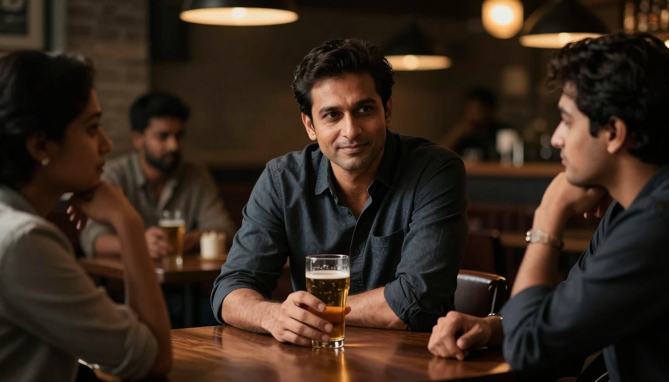 Three people sit at a wooden table in a dimly lit bar, engaging in conversation. The man in the center holds a glass of beer, smiling.