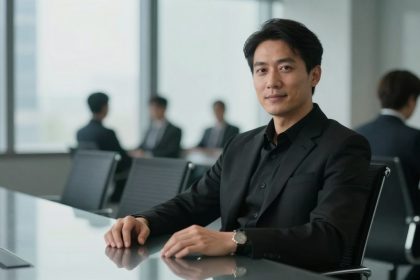 A person in a black suit sits at a conference table, smiling, with blurred colleagues in business attire in the background.