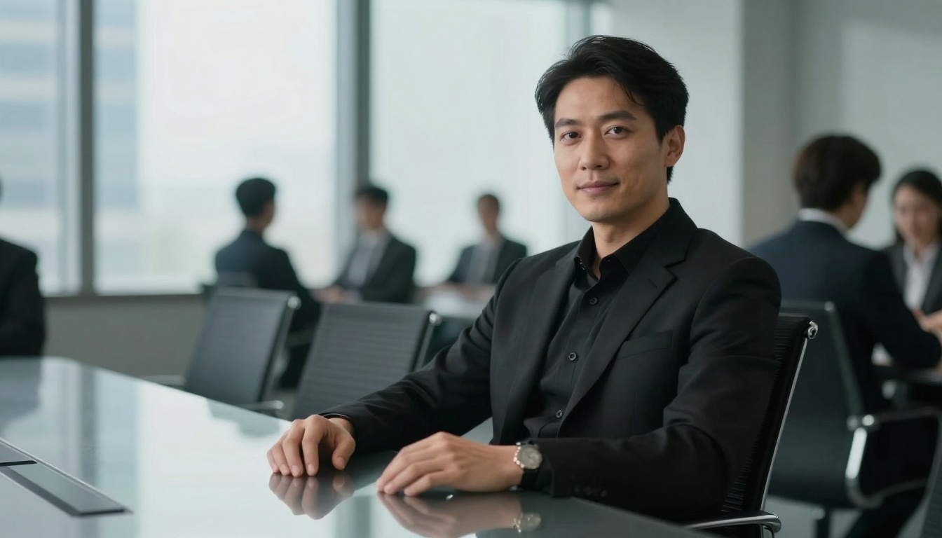 A person in a black suit sits at a conference table, smiling, with blurred colleagues in business attire in the background.