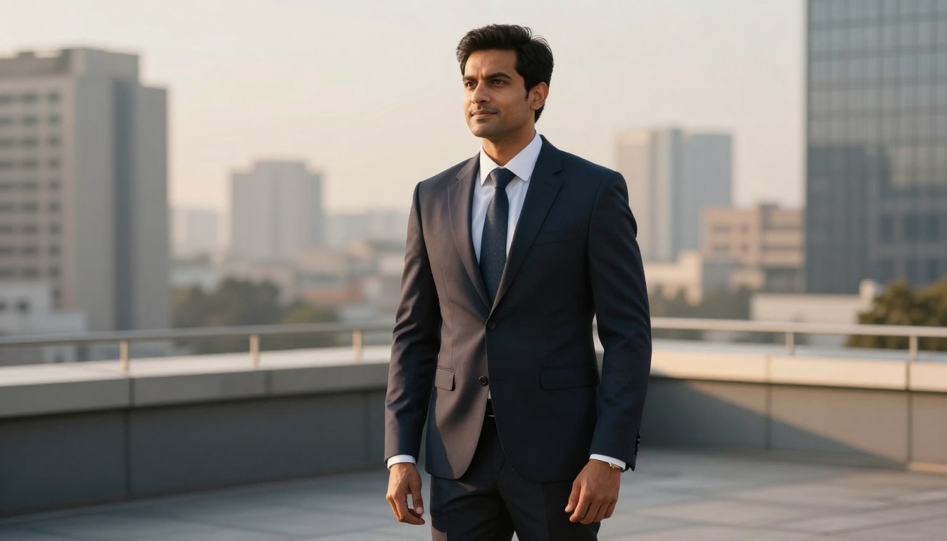 A man in a dark suit and tie stands confidently on a rooftop, with a blurred cityscape and tall buildings in the background.