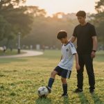 A man in black stands beside a boy in a white soccer jersey and blue shorts, who is placing his foot on a soccer ball. They are on a grassy field with trees in the background during sunset.
