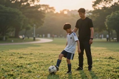 A man in black stands beside a boy in a white soccer jersey and blue shorts, who is placing his foot on a soccer ball. They are on a grassy field with trees in the background during sunset.