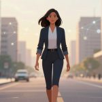 A woman in a business suit walks confidently down a city street at sunset. She has shoulder-length hair, and digital network lines surround her. Buildings and trees line the road.