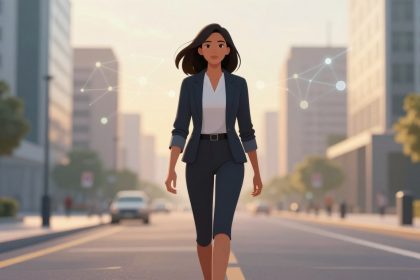 A woman in a business suit walks confidently down a city street at sunset. She has shoulder-length hair, and digital network lines surround her. Buildings and trees line the road.