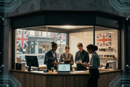 Four people are gathered around a wooden counter in an office with large windows. They are looking at documents and a laptop with a warning symbol. The room has Union Jack flags on the walls, and digital circuit patterns are overlaid on the image.